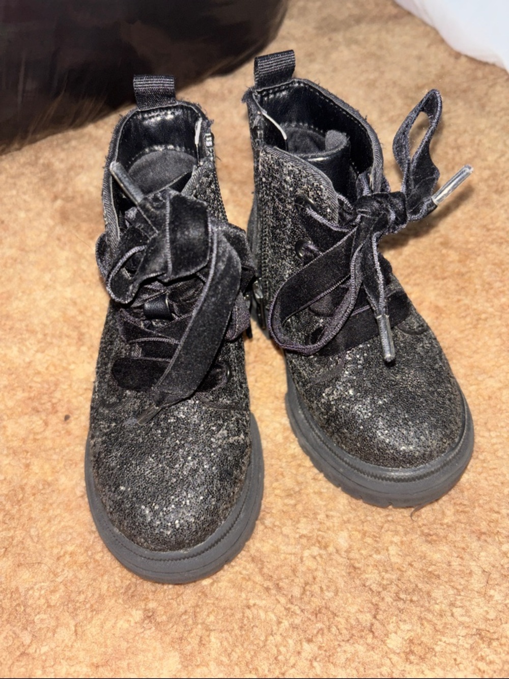 Cat & Jack Black Glitter Velvet Lace-Up Kids Boots
